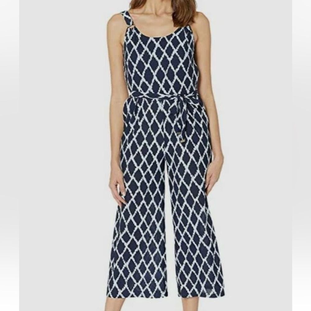 Michael Kors Belted Jumpsuit SZ S Navy Print Sleeveless Wide Leg Stretch Party